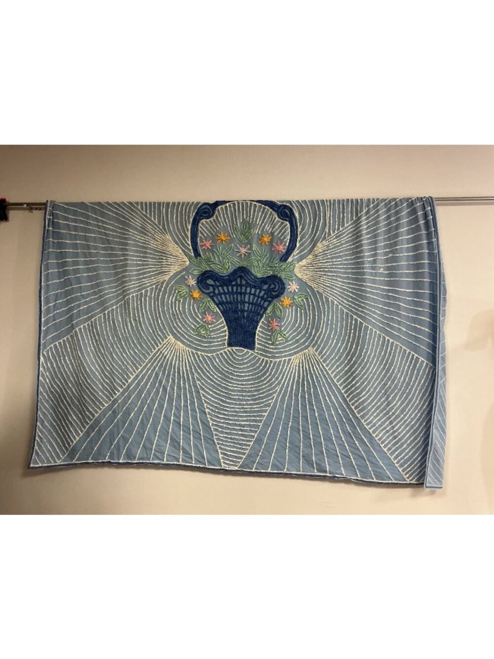 Vintage Chenille Flower Basket and Blue Ribbon Bedspread Full